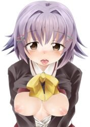 :d blush bra_lift breasts breasts_out brown_eyes exposed female grey_hair hair_ornament hairclip idolmaster idolmaster_cinderella_girls koshimizu_sachiko looking_at_viewer nipples open_clothes open_mouth open_shirt school_uniform shift_(0808) shirt short_hair smile solo tongue tongue_out