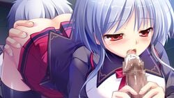 censored cum fellatio game_cg gray_hair hair manatsu_no_yoru_no_yuki_monogatari mikeou oral penis red_eyes seifuku sex shinjou_yukina thighhighs