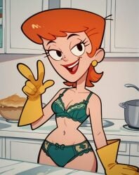 1girls ai_generated auburn_hair big_ass big_butt cartoon_network dexter's_laboratory dexter's_mom green_lingerie kitchen light-skinned_female light_skin mature mature_female milf mother orange_hair rubber_gloves short_hair tagme yellow_gloves