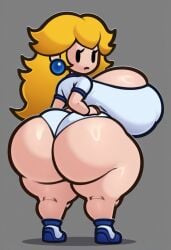 1girls ai_generated ap ass big_ass big_breasts breasts cleavage female_only frown grey_background huge_breasts looking_at_viewer looking_back mario_(series) paper_mario paper_mario:_the_thousand-year_door paper_peach princess_peach rear_view simple_background solo solo_female solo_focus sportswear stable_diffusion tagme thick_thighs