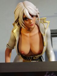 1girls aphrodite aphrodite_(fortnite) bending_over brown_eyes deity european_mythology female_only fortnite goddess greek_mythology jacket looking_at_viewer mythology office open_jacket public_domain solo sweethime white_hair