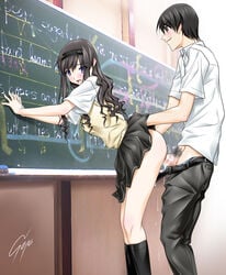 1boy against_wall arm_support belt bent_over black_eyes black_hair blue_eyes blush censored chalkboard classroom clothed_sex couple cum cum_inside female footwear from_behind grin hairband kneehighs legs long_hair moan moaning morishima_haruka open_mouth pants penis pleated_skirt profile school_uniform sex short_hair skirt skirt_lift smile socks soyosoyo sweater_vest tachibana_jun'ichi vaginal_penetration