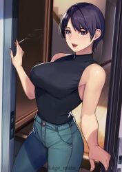 1girls black_hair black_shirt blue_pants breasts cigarette day denim doorway earrings female female_focus highres holding_cigarette jeans kagematsuri large_breasts looking_at_viewer mature_female older_sister original original_character pants pov_doorway purple_eyes shirt short_hair sleeveless sleeveless_shirt sleeveless_turtleneck upper_body