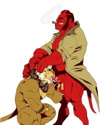 anthro artist_request balls bara blowjob boner bottomless cum cum_in_mouth demon erection facial_hair furry gay hellboy hellboy_(series) male male_only muscles muscular nude oral orgasm pantsless penis sideburns