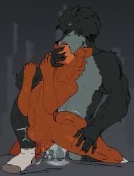 anal anal_sex anthro ass balls bear big_butt bodily_fluids brown_bear brown_body canid canine canis com digital_media_(artwork) domestic_dog duo fur genital_fluids genitals goon_(goonie_san) goonie-san hazen hi_res kissing male male/male male_penetrated male_penetrating male_penetrating_male mammal mertvykhcrows nude penetration penis pixel_(artwork) sex simple_background stomach_bulge ursine