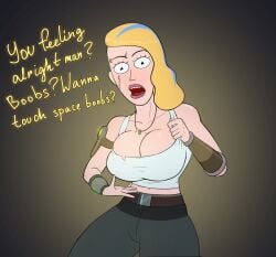 adult_swim beth_smith blonde_hair boobs?_wanna_touch_boobs? breasts cleavage clothing color diklonius english_text female huge_breasts looking_at_viewer mature_female meme milf piercing rick_and_morty scar_across_eye space_beth speaking_to_viewer text