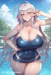 ai_generated big_ass big_breasts big_butt big_thighs blue_eyes blue_swimsuit blush high_school_dxd huge_ass huge_breasts huge_butt huge_thighs peace_sign pool rossweisse school_swimsuit sweat swimming_pool swimsuit wanuze white_hair wide_hips