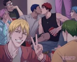 2boys aomine_daiki daiki_aomine drunk_kiss french_kiss french_kissing gay kagami_taiga kise_ryouta kissing kuroko's_basketball kuroko_no_basuke male/male male_focus party picture taiga_kagami