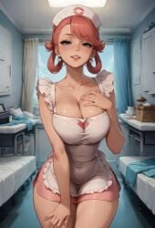 1girls apron bangs bed blue_eyes blush breasts cleavage collarbone earrings female female_only hair_rings hat heart_cutout hospital jewelry large_breasts looking_at_viewer miniskirt nurse nurse_cap open_mouth paulinebabe pink_hair smile solo solo_female