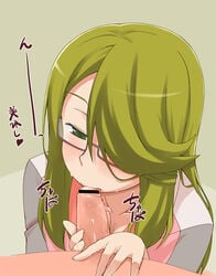 blush censored chousoku_henkei_gyrozetter glasses green_eyes green_hair licking long_hair penis pointless_censoring saliva shoudou_kotoha sweat uncensored