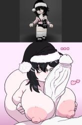 1boy 1girls 2d 2d_(artwork) 2d_artwork big_ass big_breasts big_nipples black_hair christmas_hat eatidalemons eatlemons huge_ass huge_breasts huge_cock merry_christmas naked paizuri penis_between_breasts pink_body reference_image roblox roblox_avatar robloxian staring_at_penis tagme