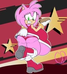 accessory amy_rose anthro ass blush boots bracelet chilli_dog clothing dress eulipotyphlan female food footwear gloves goldenpieces green_eyes hair_accessory hairband handwear hedgehog hi_res jewelry mammal overweight overweight_female panties sega shoes solo sonic_(series) sonic_the_hedgehog_(series) tail tight_fit underwear