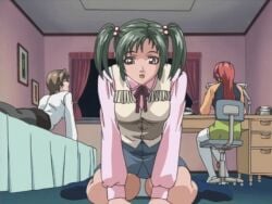 00s 2002 animated bed bedroom bible_black bible_black_gaiden book breasts brown chair cowboy cowboy_boots cowboy_clothes cowboy_western curtains denim denim_shorts green_hair green_skirt long_hair lowres miniskirt necktie panties pantyhose pink_shirt reading red_hair rie_morita shido_saki shirt short_hair shorts tagme takashiro_hiroko thighhighs twintails vest western white_panties white_shirt white_thighhighs