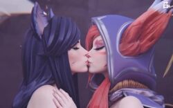 2girls ahri ai_generated girl_on_girl kissing league_of_legends lesbian_couple lesbian_kiss lovers tagme vastaya video xayah yuri