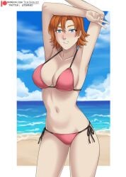 1girls aqua_eyes arms_over_head artist_name beach belly_button big_breasts bikini bikini_bottom bikini_top blush blush breasts grinning light-skinned_female light_skin nora_valkyrie orange_hair patreon patreon_logo patreon_username peace_sign pinup pinup_pose red_hair red_hair rooster_teeth rwby shore shoreline short_hair smile smiling smiling_at_viewer solo solo_female teeth teeth_showing tehshraid tshraid viz_media water