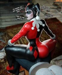 1girls 1other 3d 3d_(artwork) arms_behind_back artist_name bare_shoulders batman:_arkham_knight batman_(series) big_breasts big_lips black_lipstick black_mask bottom_heavy bozo bozo_pubic_tattoo breasts collar covered_nipples crotch_tattoo dc dc_comics domino_mask female female_focus harley_quinn harley_quinn_(classic) harley_quinn_(injustice) hat highleg_panties hourglass_figure indoors injustice_2 jester_hat light-skinned_female light_skin lingerie lipstick looking_at_viewer looking_down mask masked masked_female midriff narrow_waist navel nipples_visible_through_clothing panties partial_male pov pubic_tattoo red_panties see-through shiny_skin silly_whore sleepwear slim_waist smitty34 solo solo_focus standing stomach tattoo thick_thighs thigh_gap two-tone_headwear white_collar white_facepaint wide_hips