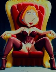 ai_generated family_guy lois_griffin negligee no_panties pussy pussy_lips sitting_on_chair spread_legs stockings