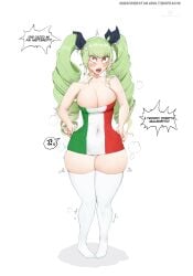 1girls bigpeachs cleavage curvy dialogue female female_only hourglass_figure italian large_breasts revealing_clothes skindentation solo solo_female standing talking_to_viewer text thick_thighs thighhighs voluptuous wide_hips