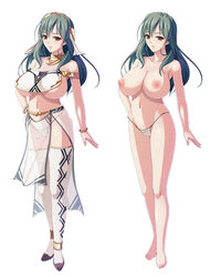 breasts green_hair human_only kyonyuu_fantasy kyonyuu_fantasy_gaiden large_breasts nerisu_(kyonyuu_fantasy) nipples no_bra panties sarong see-through topless underboob underwear waffle