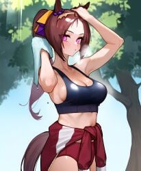 after_training ai_generated animal_ears brown_hair female hair_accessory hairband horse_girl ponytail purple_eyes sakura_bakushin_o_(umamusume) sweat towel umamusume umamusume_pretty_derby