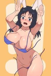 absurdres animal_ears bikini black_hair blue_bikini blue_eyes blush bouncing_breasts breasts collarbone fake_animal_ears female freckles girls_und_panzer highres large_breasts long_hair navel open_mouth rabbit_ears rabbit_pose shiny_skin side-tie_bikini_bottom smile solo surprised swimsuit takefu_jiin wardrobe_malfunction yamagou_ayumi