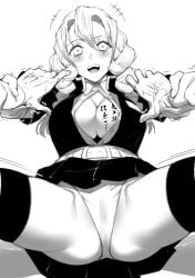 1boy 1girls artist_request blush breasts cameltoe canon_couple demon_slayer faceless_male female female_focus hand_holding iguro_obanai inner_thighs kanroji_mitsuri kimetsu_no_yaiba large_breasts looking_at_viewer love_hashira lust_hashira miniskirt monochrome open_eyes open_mouth open_shirt panties short_hair skirt spread_legs thighhighs unbuttoned_shirt underwear upskirt white_panties