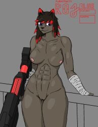 abs anthro arm_wraps big_breasts breasts brown_body brown_fur deltoids felid feline female fur genitals gun hi_res highlights_(coloring) mammal muscular nipples oking_at_viewer pecs_with_breasts pussy ranged_weapon rojblue shotgun simple_background thick_thighs watermark weapon wide_hips wraps wraps_only