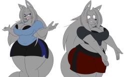 2021 5_fingers alternate_species anthro big_ass big_breasts black_bottomwear black_bra black_clothing black_shorts black_underwear blue_clothing blue_shirt blue_topwear bottomwear bra bra_slip breasts canid canine canis cleavage clothed clothing curvy dewwydarts dewwydartz female fingers fur furry grey_body grey_clothing grey_fur grey_hair grey_topwear hair hi_res hourglass_figure huge_breasts huge_hips huge_thighs long_hair mammal may_(dewwydarts) may_(dewwydartz) open_mouth purple_eyes red_bottomwear red_clothing red_shorts shirt shorts simple_background solo standing tagme thick_thighs topwear underwear white_background wide_hips wolf