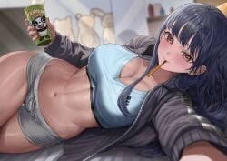 abs black_jacket blue_hair blue_sports_bra blurry blurry_background blush boku_no_kokoro_no_yabai_yatsu breasts brown_eyes cleavage closed_mouth female food_in_mouth grey_shorts highres holding indoors jacket large_breasts long_hair long_sleeves lying navel on_side open_clothes open_jacket short_shorts shorts silvertsuki smile solo sports_bra stomach yamada_anna