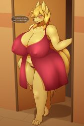 2:3 4_toes 5_fingers absurd_res anthro bedroom_eyes belly big_breasts biped blonde_hair blush breasts camel_toe canid canine cel_shading cleavage clothed clothing curvy_figure cute_fangs dialogue digital_media_(artwork) dipstick_tail door doorway english_text exposure_variation eyebrow_through_hair eyebrows fan_character fangs feet female fingers front_view full-length_portrait generation_1_pokemon glistening glistening_body glistening_breasts glistening_hair hair heart_eyes heart_symbol hi_res huge_breasts huge_hips huge_thighs inner_ear_fluff inside johnmarten kurata_(void_dew) looking_at_viewer mammal markings mature_anthro mature_female multi_tail multicolored_hair narrowed_eyes navel nightgown ninetales nintendo nipple_outline one_eye_obstructed open_mouth orange_eyes overweight overweight_anthro overweight_female panties pink_clothing pokemon pokemon_(species) portrait pubes purple_clothing purple_panties purple_underwear red_eyes seductive shaded shadow skimpy solo speech_bubble standing tail tail_markings talking_to_viewer teeth text thick_thighs tired toes translucent translucent_hair tuft two_tone_hair underwear voluptuous wall_(structure) warm_colors wide_hips yellow_body