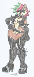 anthro bad_girl beige_body beige_fur big_breasts big_hips black_eyelashes black_lipstick black_makeup blue_eyes eyebrow_piercing furry ginger_hair green_hair hair_highlights hand_on_hip high_heel_boots leather_jacket long_boots long_gloves marlon64 naked_belt naked_boots naked_female naked_gloves naked_jacket navel_piercing nose_ring pierced_nipples piercing_nipples punk_girl sally_acorn skull_belt sonic_satam spiked_boots spiked_bracelets spiked_collar spiked_gloves squirrel_girl traditional_drawing_(artwork) white_background