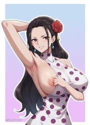 1girls 2024 ai_generated armpits arms_behind_head black_hair blush brown_eyes detailed dress dressrosa earrings embarrassed female female_focus female_only flower_in_hair hair_slicked_back hi_res illumaru indoors large_breasts lifting_dress long_hair looking_at_viewer nipples one_piece patreon_username polka_dot polka_dot_dress rose seductive_look seductive_smile simple_background slim_waist solo stable_diffusion sweatdrop thick_thighs viola_(one_piece)