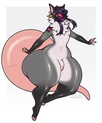 absurd_res american_opossum anthro ass big_butt black_body black_ears black_fur colored_nails dark_body dark_fur ear_piercing eric_(garedwolf) femboy foreskin front_view fur garedwolf genitals glistening glistening_body glistening_genitalia gold_(metal) grey_body grey_fur hair hi_res huge_butt huge_thighs humanoid_genitalia humanoid_penis hybrid machine male male_focus male_only mammal marsupial multicolored_body multicolored_fur nails nipples penis piercing pink_ears pink_fingers pink_tail protogen protogen_visor purple_hair screen screen_face solo tail thick_thighs white_body white_fur