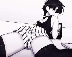 1boy ass ass_focus back_view balls black_eyes black_hair butt butt_focus eyeinfectiion_ femboy girly looking_at_viewer looking_back male male_only omori omoriboy pale-skinned_male pale_skin striped_legwear tagme twink