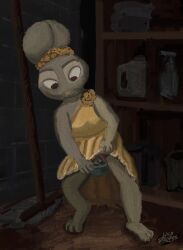 absurd_res bodily_fluids bottomwear cleaning_tool closet clothed clothing clothing_aside clothing_lift digital_media_(artwork) digital_painting_(artwork) disney dress female gala genital_fluids genitals hi_res judy_hopps lagomorph leporid mammal mop painting_(artwork) peeing peeing_into_container rabbit rococo skirt skirt_lift solo ties underwear underwear_aside urine vulva wild_strokes zootopia zootopiea