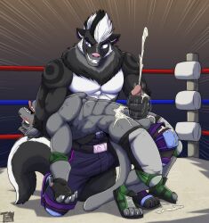 abs absurd_res american_opossum anthro arm_tattoo aroused aroused_by_another aroused_face aroused_male balls barazoku belt bent_over bent_over_knee biceps big_muscles big_pecs black_belt black_body black_clothing black_fingerless_gloves black_fur black_gloves black_handwear blush blush_lines bodily_fluids bottomwear bottomwear_around_legs bottomwear_down claws clothed clothing clothing_around_legs competition cum cum_drip cum_on_another cum_on_another's_arm cum_on_balls cum_on_belly cum_on_body cum_on_crotch cum_on_ground cum_on_hand cum_on_leg cum_on_own_balls cum_on_own_belly cum_on_own_crotch cum_on_own_leg cum_on_own_penis cum_on_partner cum_on_partner's_hand cum_on_partner's_leg cum_on_penis cum_on_self cum_pool cum_spurt cumshot defeat defeat_sex defeated dominant dominant_anthro dominant_male domination/submission dripping duo ear_piercing ejaculation elbow_pads erection eyebrow_piercing facial_piercing fangs fangs_bared felid feline fierce fierce_expression fighters fighting_ring fingerless_gloves fist fondling_penis fur genital_fluids genitals gloves grabbing_another grabbing_partner grey_body grey_fur grin grinning_at_partner hand_on_penis handjob handwear hi_res holding_another holding_erection holding_partner holding_penis hybrid juniorjosi knee_pads looking_down looking_down_at_another looking_down_at_partner looking_pleasured male male/male mammal manhandling manly marsupial mephitid mohawk multicolored_body multicolored_fur muscular muscular_anthro muscular_arms muscular_male muscular_thighs nose_piercing pantherine partially_clothed pecs penile penis penis_grab penis_squeeze piercing purple_bottomwear purple_clothing purple_eyes purple_shorts roughhousing rubbing_penis sagging sagging_pants sex sexual_competition sexual_fight shorts shorts_around_legs shorts_down skunk smile smirk smirking_at_another smirking_at_partner stroking_penis submissive submissive_anthro submissive_male tail tattoo teeth thick_arms thick_thighs tongue tongue_out topless topless_anthro topless_male two_tone_body two_tone_fur virginia_opossum white_body white_bottomwear white_clothing white_fur white_shorts wrestler wrestlers wrestling wrestling_clothing wrestling_match wrestling_outfit wrestling_shorts