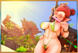 bathing_suit big_breasts bikini bush elf_ears final_fantasy_xiv final_fantasyxiv gpose(ffxiv) lalafell momodi_modi nipple_slip ontop popsicle pubes_exposed red_eyes red_hair redhead_female shortstack string_bikini sunglasses