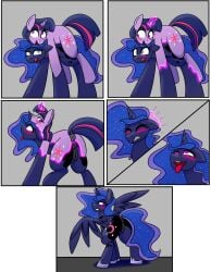 2021 absurd_res ahe_gao alicorn animal_genitalia animal_vulva anus aroused blue_body blue_eyes blue_fur blue_mane blush comic cutie_mark digital_drawing_(artwork) digital_media_(artwork) drhypnoswirl duo equid equine equine_anus equine_genitalia equine_vulva eyelashes female feral flowing_mane friendship_is_magic fur fusion genitals grey_background half-closed_eyes hasbro hi_res highlights_(coloring) horn horse_tail looking_back looking_pleasured lying magic magic_aura magic_user mammal mane my_little_pony mythological_creature mythological_equine mythology narrowed_eyes on_top on_top_of_another open_mouth pink_highlights plump_labia possession princess_luna_(mlp) puffy_anus purple_body purple_eyes purple_fur purple_mane quadruped sabatons simple_background smile standing surprised tongue tongue_out transformation twilight_sparkle_(mlp) unicorn unicorn_horn vulva white_sclera wings