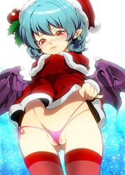 alternate_hair_color aqua_hair bat_wings bloom blush cameltoe clitoris curly_hair cute_fang erect_clitoris fat_mons from_below hat highres holly jpeg_artifacts looking_down naughty_face panties parabora_(nipplemokuba) partially_visible_vulva pinky_out pointy_ears pussy_wedgie red_eyes remilia_scarlet santa_costume santa_hat short_hair side-tie_panties solo thighhighs thong touhou underwear wasabi_shoujo wedgie wings