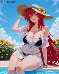 ahoge ai_generated artist_name bare_shoulders bikini bikini_under_clothes black_bikini blue_eyes blue_sky blush bracelet breasts cleavage cloud collarbone crossed_bangs day dress female female_only flower glasses grimoireeros hair_between_eyes hand_on_headwear hat high_school_dxd jewelry large_breasts long_hair looking_at_viewer off_shoulder open_mouth outdoors patreon_logo patreon_username poolside red_hair rias_gremory round_eyewear see-through sitting sky smile soaking_feet solo straw_hat sun_hat sunflower swimsuit thick_thighs thighs very_long_hair water wet wet_clothes white_dress