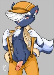 1boy animal_crossing anthro black_fur clothed clothing duckdraw fur furry hair half-dressed hat kicks_(animal_crossing) male male_only mammal nintendo nipples penis pinup pose red_eyes skunk solo striped_tail suspenders video_games white_fur white_hair