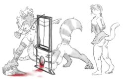 aggrobadger anthro blood bound breasts canine clothed clothes decapitation dress female fur furry gore guillotine hair hands nude plain_background pubic_hair sketch skunk straight_hair weapon white_background