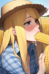 1girls ai_generated blonde_female blonde_hair corn cornography country_girl farmer farmgirl fellatio female flannel nai_diffusion oral_sex original solo solo_focus stable_diffusion straw_hat