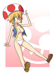 blonde_hair blue_eyes blush breasts cosplay crossover crossplay large_breasts lucky_star mario_(series) men_(artist) mushroom nintendo panties patricia_martin super_mario_bros. toad_(mario)_(cosplay) underwear white_panties