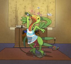 alcohol anthro argon_vile balancing balls battletoads beer beverage bottomless clothed clothing controller curtains drinking_alcohol drinking_beer drunk electronics game_console game_controller game_screen gaming generation_3_pokemon genitals green_body grovyle hi_res inside leaf leaf_hair leaf_tail magazine male nintendo nintendo_entertainment_system pattern_clothing pattern_shirt pattern_topwear penis plant plant_hair plant_tail playing_video_game pokemon pokemon_(species) pseudo_hair rareware roll_and_rocker rolling_rock shirt shirt_only solo striped_clothing striped_shirt striped_topwear stripes substance_intoxication tail topwear topwear_only