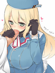 admiral_(kantai_collection) atago_(kantai_collection) black_gloves blonde_hair blush breasts fellatio female gloves green_eyes hat heart kantai_collection large_breasts long_hair military military_uniform nekoume oral personification saliva simple_background uniform white_background