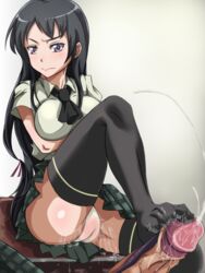 black_hair blush boku_wa_tomodachi_ga_sukunai cum feet footjob mikazuki_yozora panties penis purple_eyes pussy_juice shang skirt thighhighs uncensored underwear veins wet