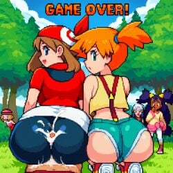 1boy 5girls ai_generated ass ass_hanging_out ass_hanging_out_of_shorts assjob big_ass big_breasts big_butt bike_shorts bouncing_ass breasts buttjob censored_penis covered_assjob covered_buttjob cum cum_on_ass dawn_(pokemon) female femdom gameplay_mechanics hotdogging huge_ass iris_(pokemon) kasumi_(pokemon) male may_(pokemon) nintendo penis penis_between_ass pixel_art pokemon serena_(pokemon) smile tied_hands two-tone_gloves