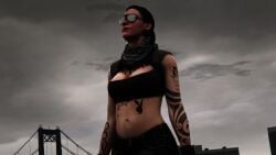 1girls 3d absurd_res absurdres bracelet breasts cleavage dionys_ramirez edited_screencap expressionless female female_focus female_only goth_girl grand_theft_auto grand_theft_auto_v greyscale_background heavenly_body huge_breasts indifference indifferent jeans mature_woman molly_schultz navel oblivious_sexualization playboy_bunny rockstar_games source_request standing_at_attention star_tattoo sunglasses tattoo tomboy unbothered