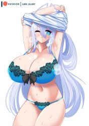 1girls antenna_hair arms_above_head artist_name bare_shoulders big_breasts blue_bra blue_eyes blue_panties blue_underwear blush blush_lines breasts collarbone female female_only frown hair_between_eyes heavy_breathing high_school_dxd huge_breasts lace lace-trimmed_bra lace-trimmed_panties lace_trim large_breasts light-skinned_female long_hair luex navel one_eye_closed patreon patreon_logo patreon_username rossweisse sidelocks solo sweat thick_thighs thighs thin_waist undressing white_hair wide_hips xeptimuz